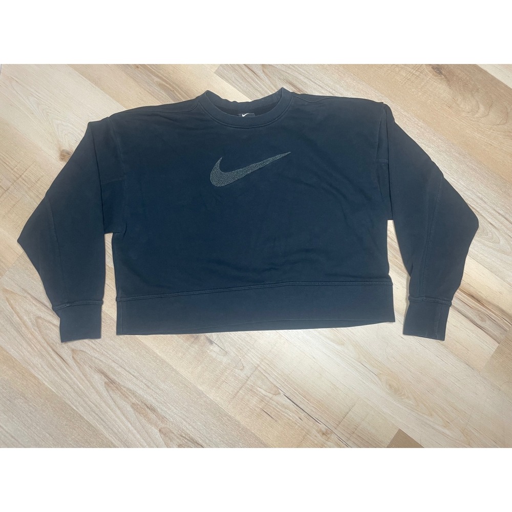 Nike Sportswear Essential Womens Cropped Sweatshirt Black Chenille Swoosh Small